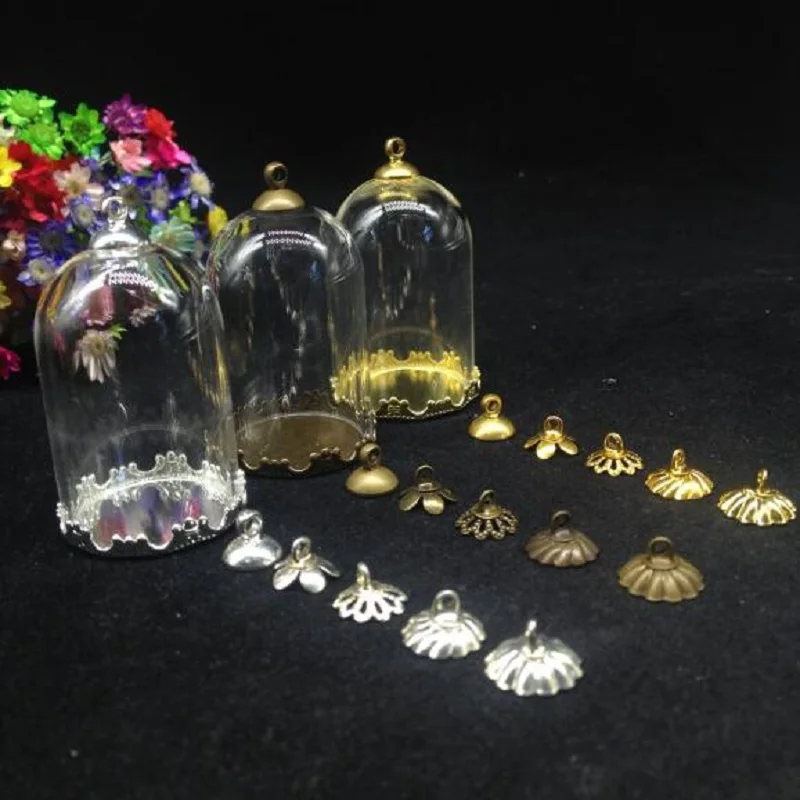 

500sets/lot 38*25mm tube glass globe flower base beads cap set glass vial pendant glass cover dome necklace pendant cute charms