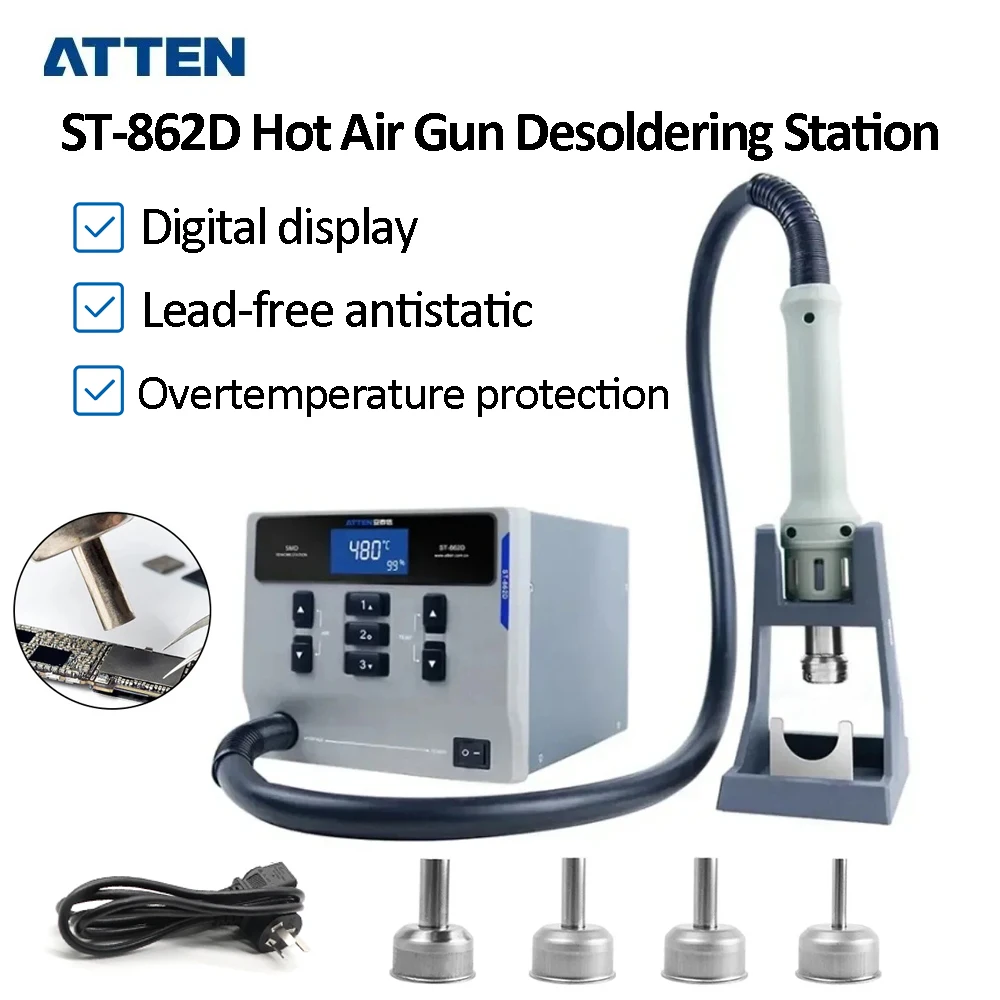 

ATTEN ST-862D Hot Air Gun 1000W Digital Display Lead-free Industrial Automatic Sleep Mobile Phone Repair Soldering Station