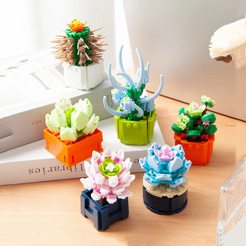 

Mini Potted Flower Building Blocks Home Desktop Succulent Ornaments Diy Small Particles Puzzle Assembled Children's Toy Gift
