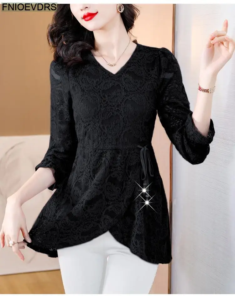 M-4XL Hollow Out Lace Shirts2023 Women European Style Office Lady Drawstring Waist Bow Tie Thick Winter Tunic Peplum Top Blouses M-4XL Hollow Out Lace Shirts2023 Women European Style Office Lady Drawstring Waist Bow Tie Thick Winter Tunic Peplum Top Blouses
