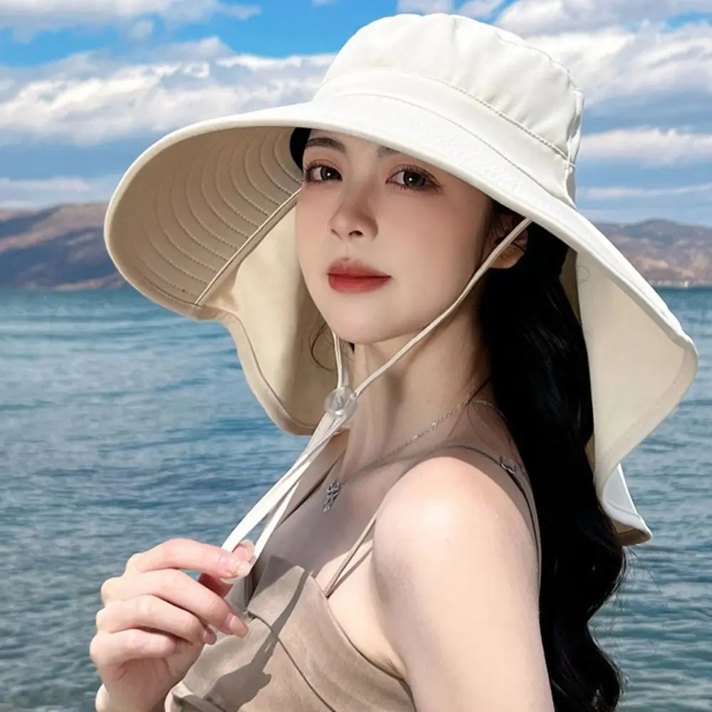 

Wide Brim Fisherman's Hat New Neck Protection Foldable Sun Cap With Shawl Solid Color Bucket Hat Summer
