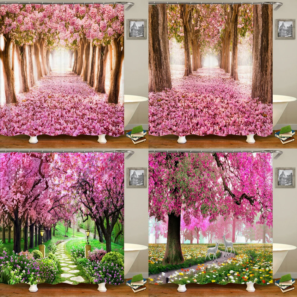 

Dreamlike Blooming Tree Forest Pink Flower Shower Curtains Bathroom Bathtub Decoration Waterproof Bath Curtain Home Decor