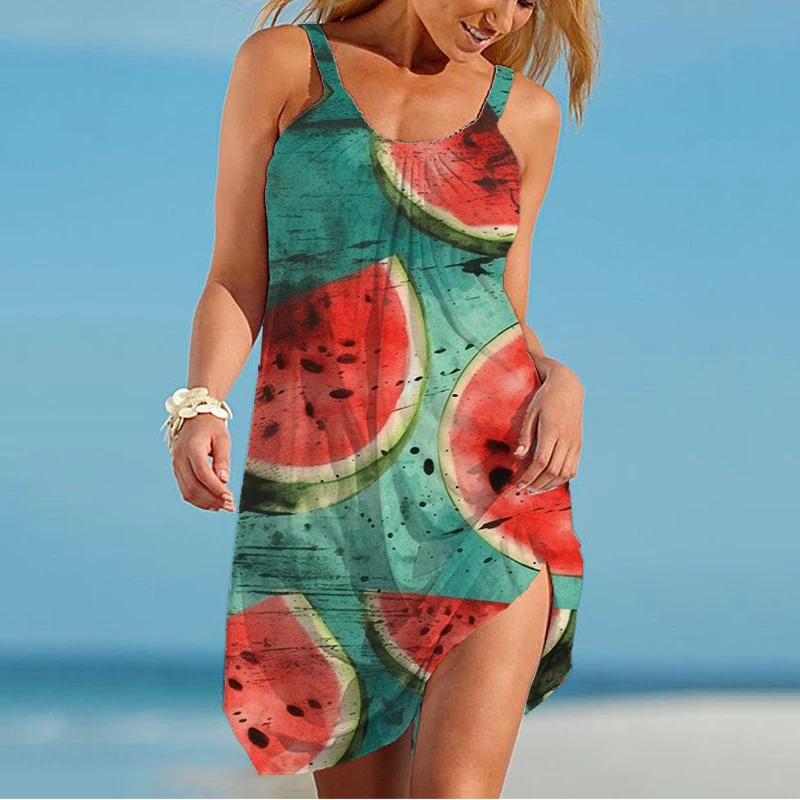 

Summer new ladies suspender dress, watermelon 3D printed lady camisole dress, fashion trend, casual loose ladies suspender dress