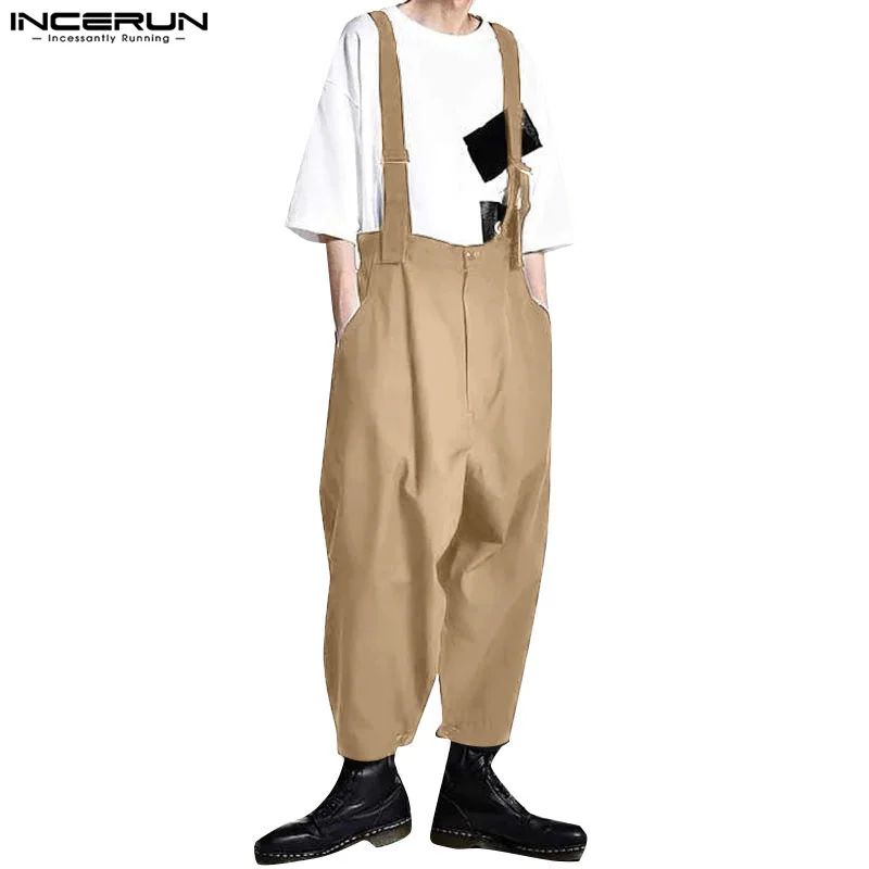 

INCERUN Men Jumpsuits Solid Color High Waist Pants Loose Casual Male Suspender Rompers Streetwear 2024 Fashion Straps Overalls