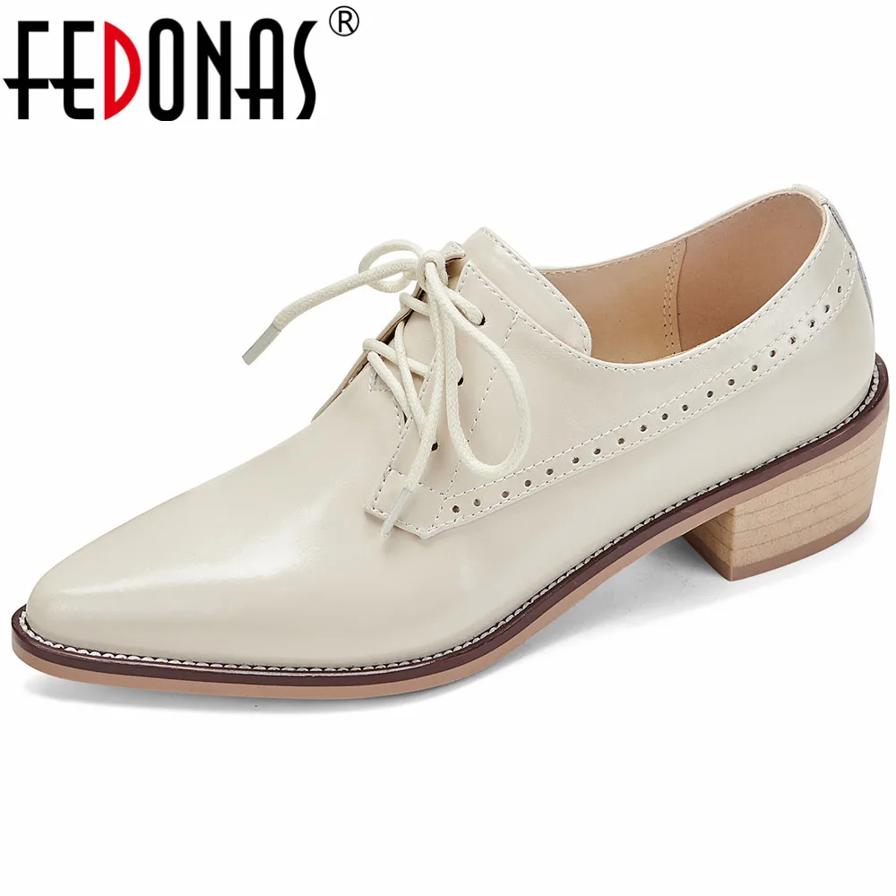 

FEDONAS Women Pumps Thick Heels Pointed Toe Office Lady Working Lace-Up Spring Summer Genuine Leather Shoes Woman Retro Style