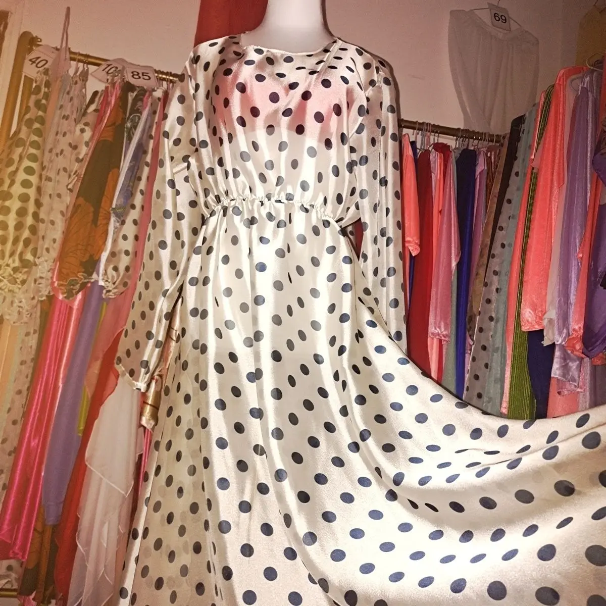 

Glossy Polka Dot Ultra Thin See Through Women Satin Long Sleeve Long Dress Loose Ruffles Sleeping Robe