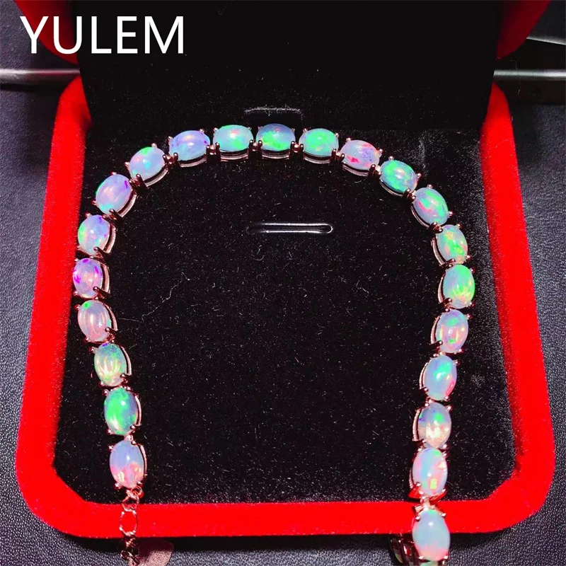 

YULEM Natural Opal Bracelet 925 Sterling Silver Luxury Jewelry Silver Bracelets for Women 4x6mm 24pcs Natural Australian Opal