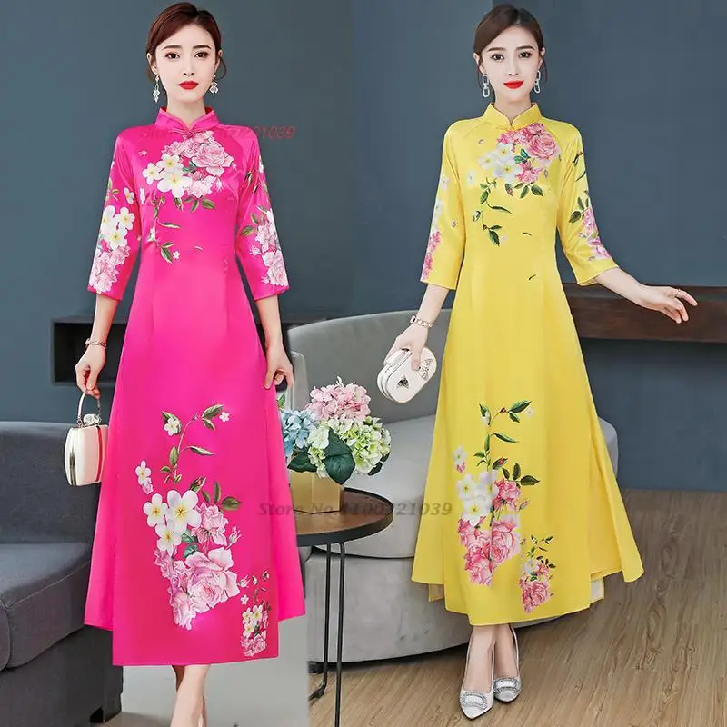 

2024 vietnam aodai dress traditional chinese improved qipao national flower print cheongsam dress vintage evening dress vestido