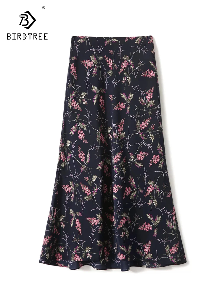 

BirdTree, 100%Mulberry Silk Elegant Skirt, Women High Waisted Flower Printed, French Commute A-Line Skirt, 2024 Summer B43665QC
