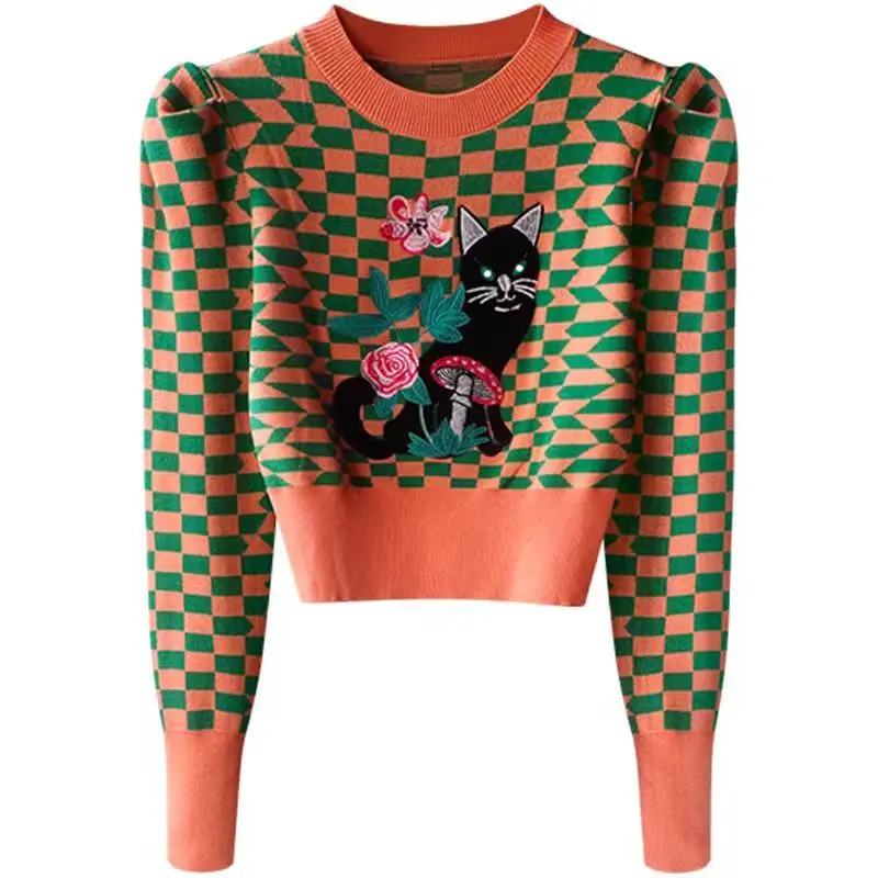 Kawaii Cartoon Cat Mushroom Embroidery Puff Sleeve Knitted Sweater Women O Neck Long Sleeve Crop Top Streetwear Sueters De Mujer
Kawaii Cartoon Cat Mushroom Embroidery Puff Sleeve Knitted Sweater Women O Neck Long Sleeve Crop Top Streetwear Sueters De Mujer