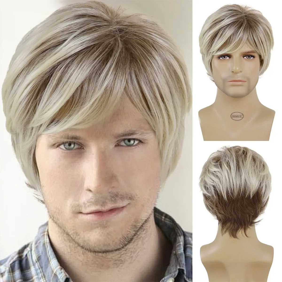 

GNIMEGIL Synthetic Ombre Blonde To Brown Layered Wig with Bangs Short Straight Hair Heat Resistant Natural Daily Party Man Wig