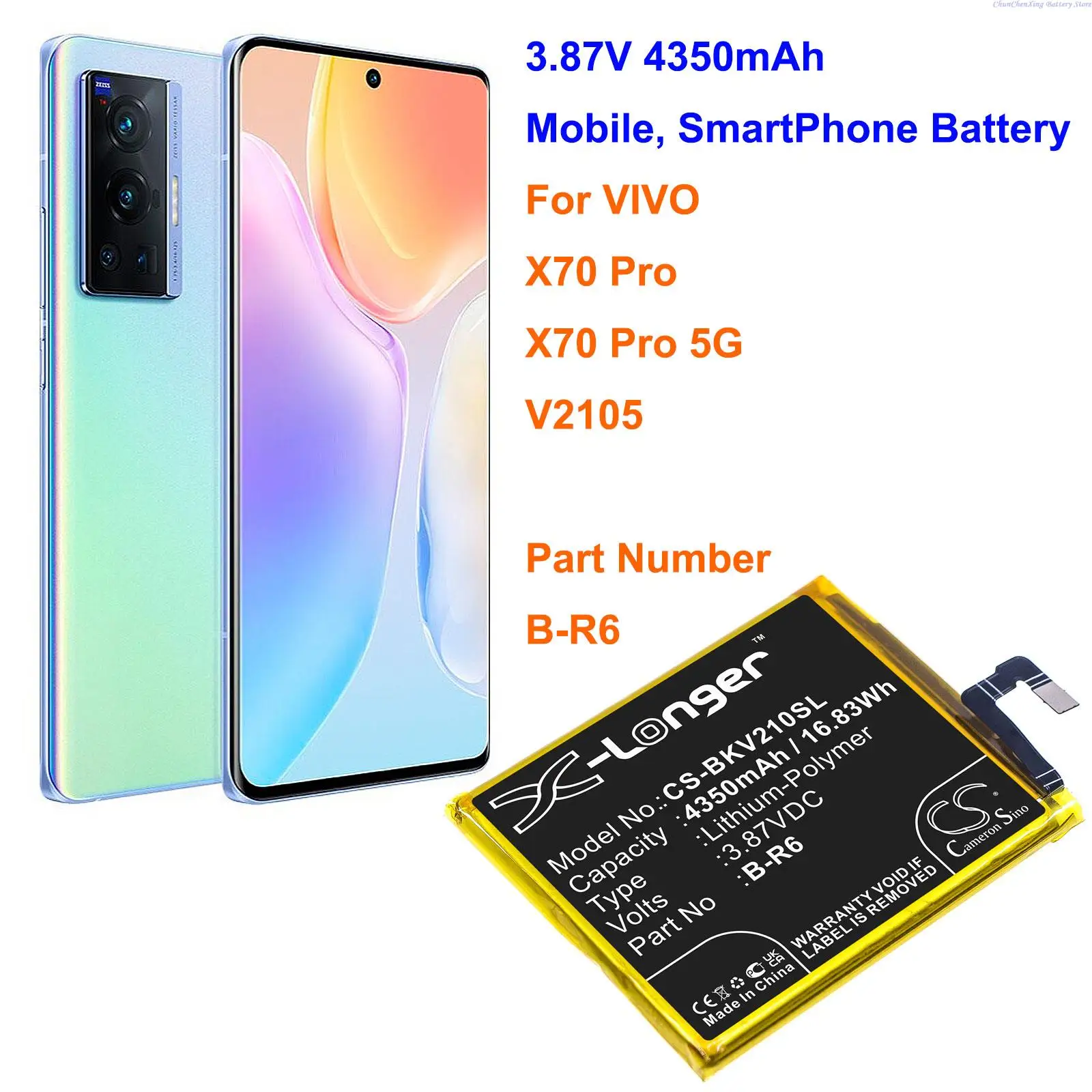 Cameron Sino 4350mAh Mobile, SmartPhone Battery B-R6 for VIVO X70 Pro, X70 Pro 5G, V2105 + Tools
Cameron Sino 4350mAh Mobile, SmartPhone Battery B-R6 for VIVO X70 Pro, X70 Pro 5G, V2105 + Tools