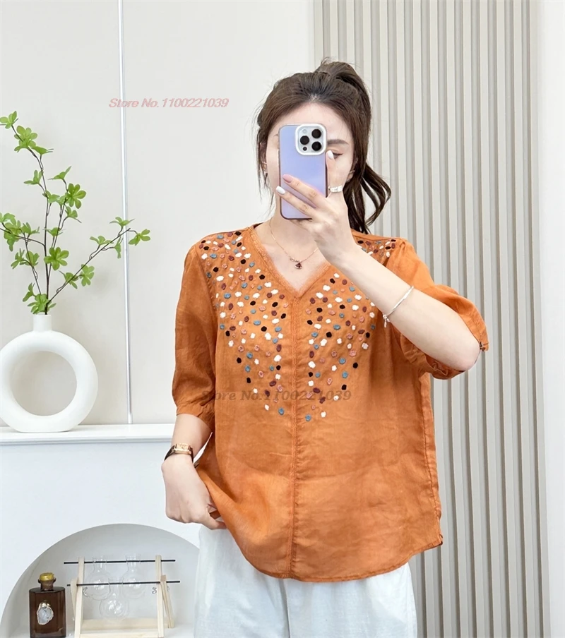 

2024 traditional chinese vintage blouse national dot embroidery folk v-neck blouse oriental 100% linen breathable ethnic blouse