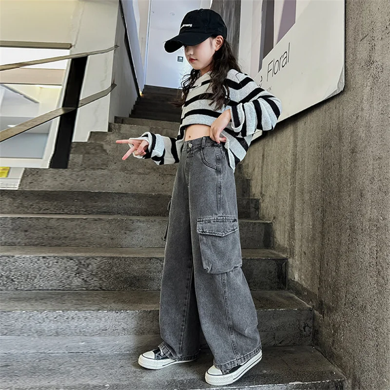 

Adolescent Girls Wide leg Cargo Jeans Fall Fashion Kids Casual Jeans School Kids Straight Slacks 15Y