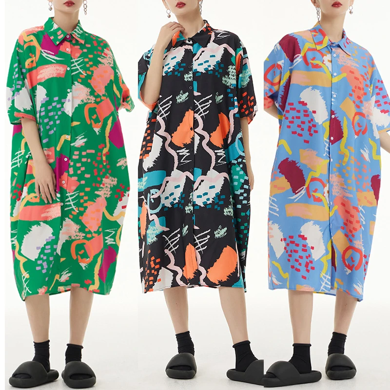 Summer New Color Block Printed Dress Loose Slimming Lazy Style Thin Over-The-Knee Shirt Collar Dress Women's Street 2023
Summer New Color Block Printed Dress Loose Slimming Lazy Style Thin Over-The-Knee Shirt Collar Dress Women's Street 2023
