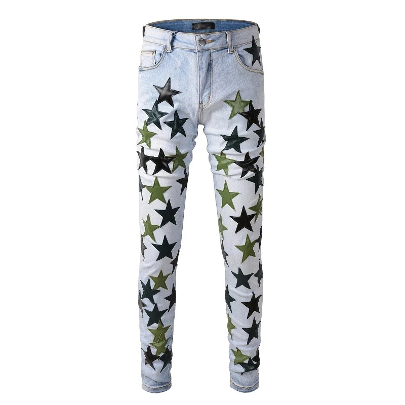 Brand Mens Slim Fit Streewear Fashion Light Indigo Distressed Skinny Stretch Embroidered Leather Stars Patchwork Ripped Jeans
Brand Mens Slim Fit Streewear Fashion Light Indigo Distressed Skinny Stretch Embroidered Leather Stars Patchwork Ripped Jeans