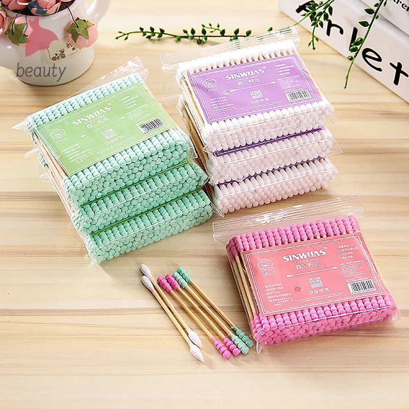 

100pcs Pack Double Head Cotton Swab Women Makeup Cotton Buds Tip For Medical Wood Sticks Nose Ears Cleaning Health Care Tools