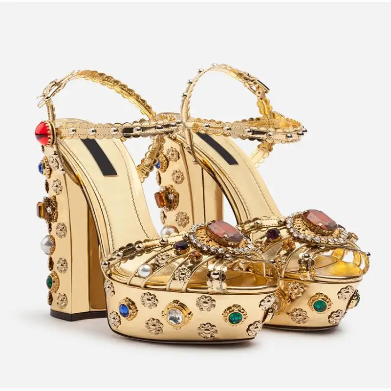 

Graceful Woman Colorful Rhinestone Sandals 14Cm Thick High-Heeled with Platform Buckle Ankle Strap Female Fahion Party Sandals