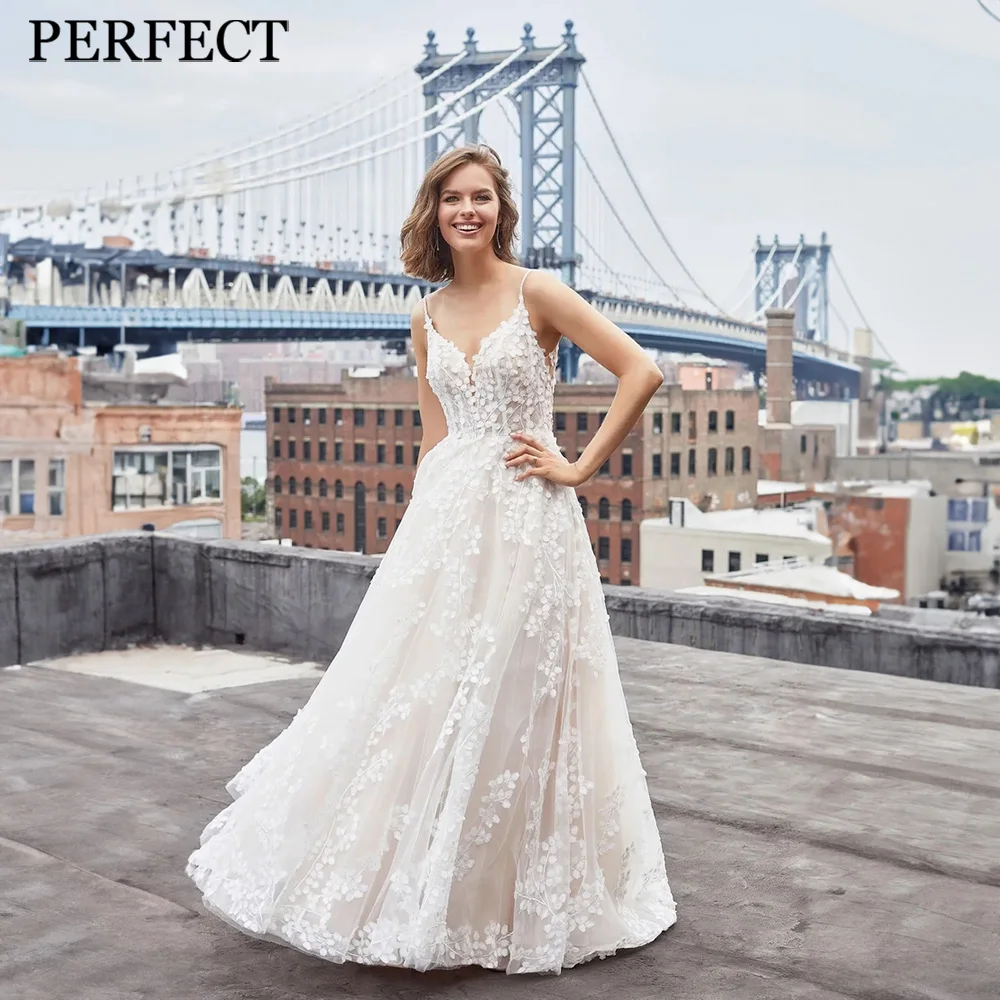 

PERFECT Gorgeous Wedding Dresses For Woman A-line V-Neck Spaghetti Straps Open Back Appliques Tulle Lace Vestidos De Novia