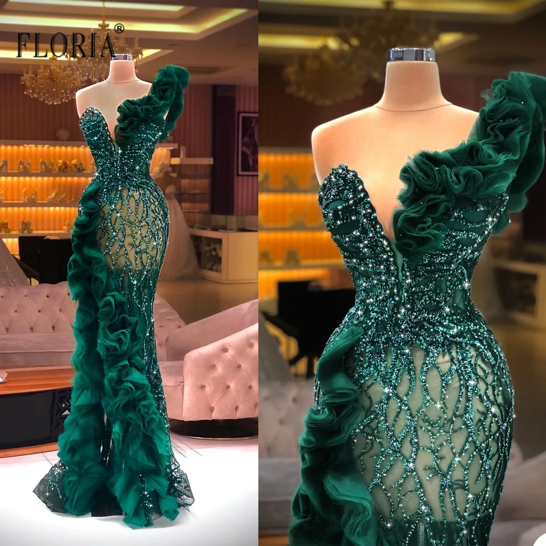 Dark Green Arabic Beaded Mermaid Evening Dress for Women Luxury Mermaid Ruffles One Shoulder Formal Prom Party Gowns Custom Made 
Dark Green Arabic Beaded Mermaid Evening Dress for Women Luxury Mermaid Ruffles One Shoulder Formal Prom Party Gowns Custom Made