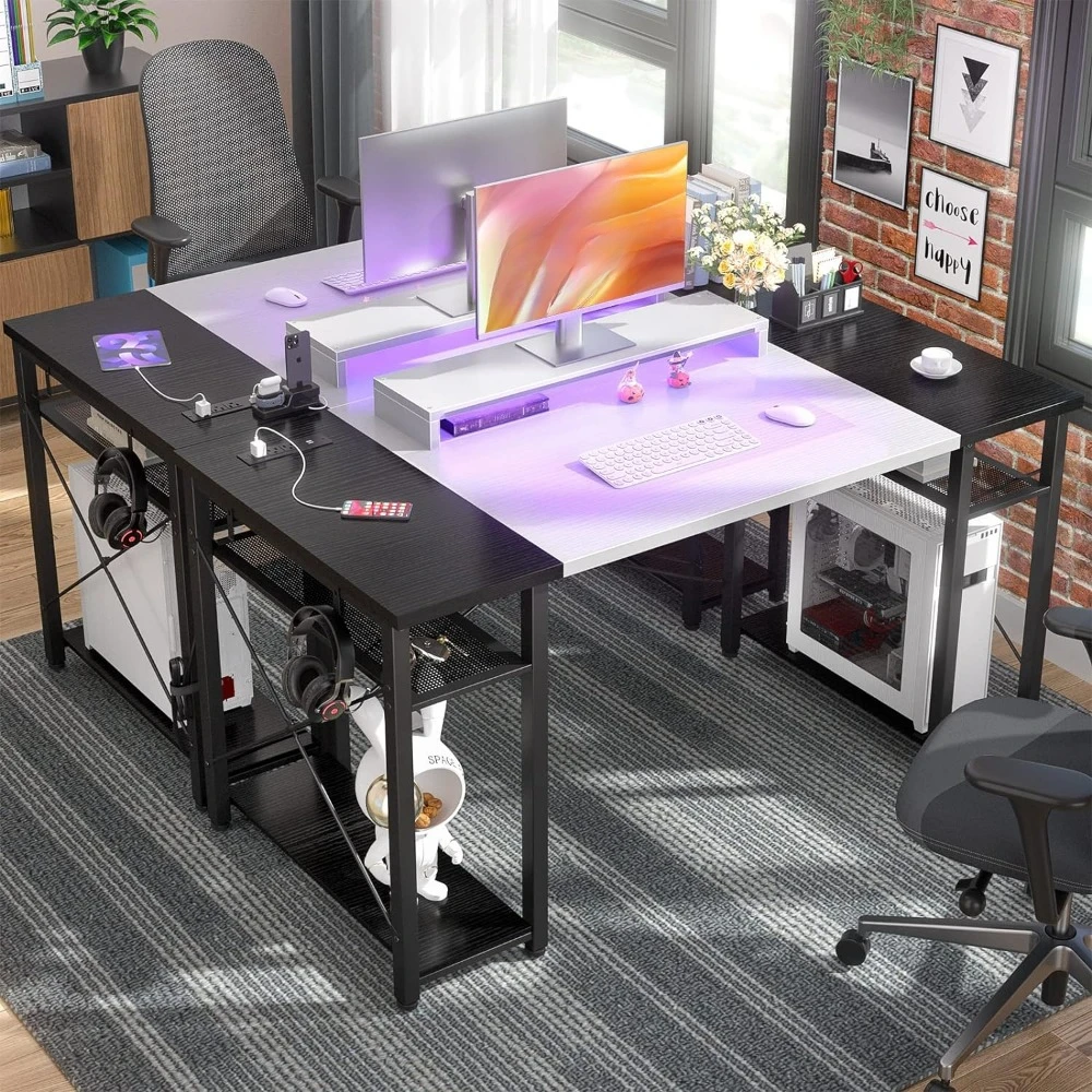 Computer desk with LED light, 55" desk with power socket and USB, reversible large desk with movable monitor stand
Computer desk with LED light, 55" desk with power socket and USB, reversible large desk with movable monitor stand