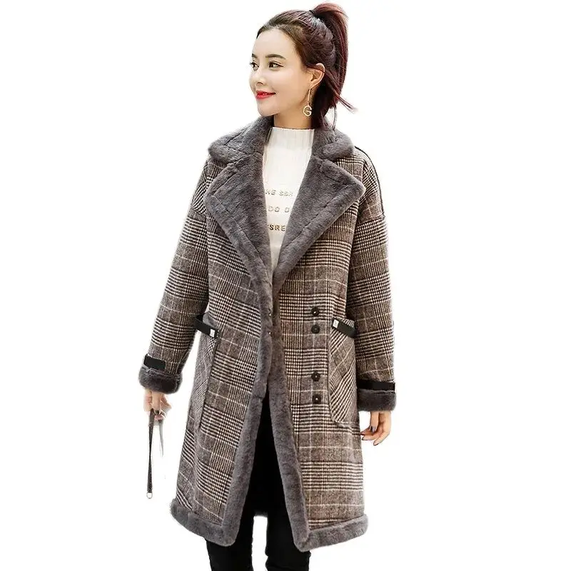 

Autumn Winter Imitation Lambswool Fashion Women's Coat Medium Long Lattice Cotton Jacket Thicken Keep Warm Woolen Outerwear