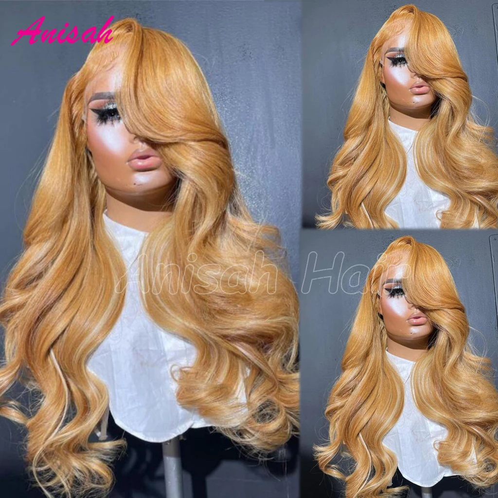 

Honey Blonde Highlight Colord Lace Front Human Hair Wigs for Women Pre Plucked Body Wave 13x4 HD Transparent Lace Frontal Wigs