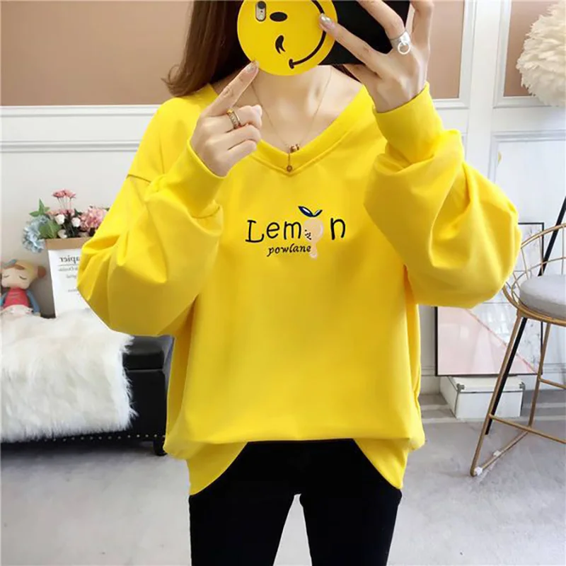 

Fashion V-Neck Loose Printed Letter Korean Tee Shirt Female Clothing 2023 Autumn Oversize All-match Tops Casual T-Shirts