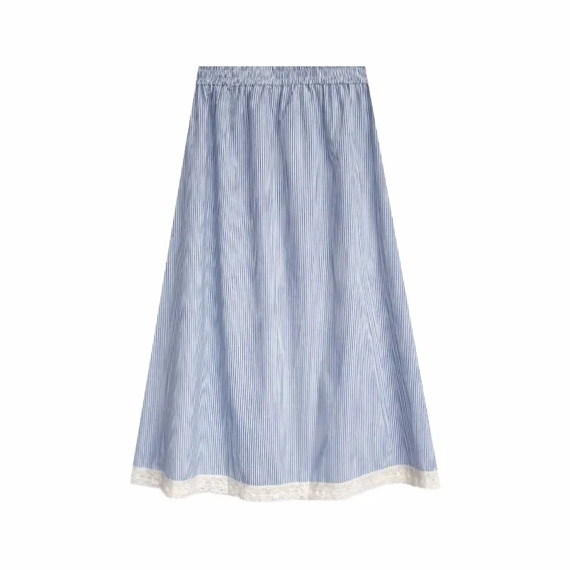 Vintage color striped elastic summer high waisted A-line lace patchwork mid length skirt 
Vintage color striped elastic summer high waisted A-line lace patchwork mid length skirt