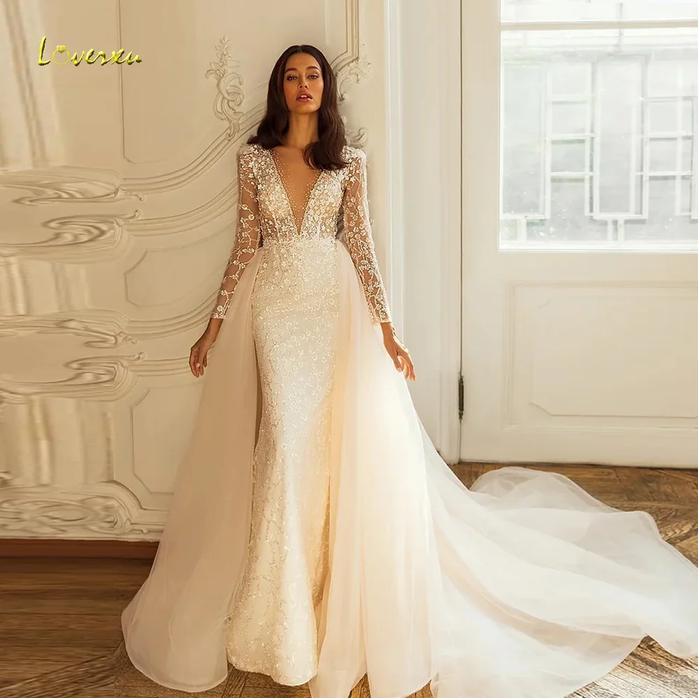 

Loverxu Mermaid Elegant Wedding Dresses 2024 V-Neck Long Sleeve Vestido De Novia Lace Embroidery Detachable Train Robe De Mariee