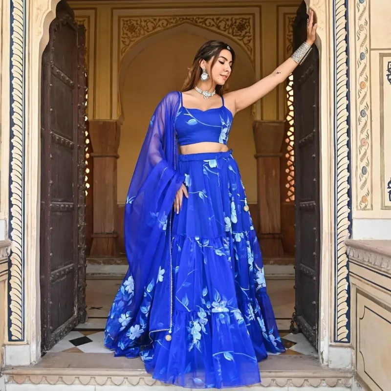 

Blue Print Lehenga Choli Strap Blouse Flower Print Dress Indian Clothing Semi Stitch