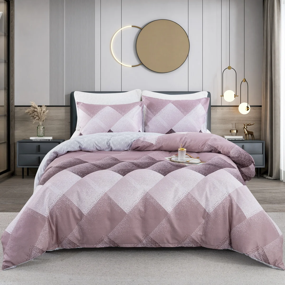 

Purple Pink Geometric Pattern Duvet Cover Set and 2 Pillowcase,3 Pcs Soft Fluffy Bed Linen Set with Zip, Luxury Dots Bedding Set