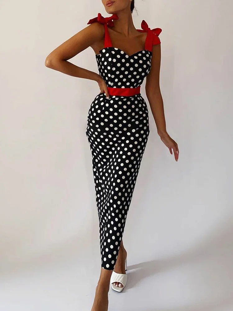 

Polka Dot Knot Shoulder Bodycon Dress Women Sleeveless Sweetheart Neck Long Dresses