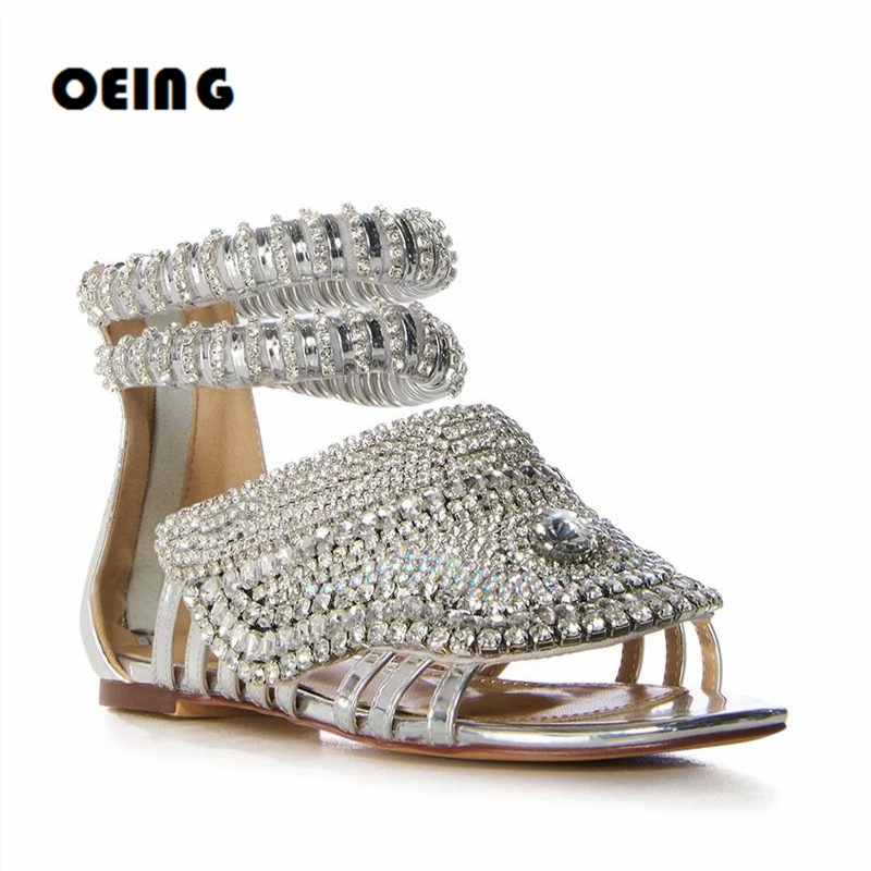 

Women Diamond Embellished Sandals Summer Peep Toe Gem Flat Gladiator Sandals Ladies Elevated Formal Party Sandalias De Mujer