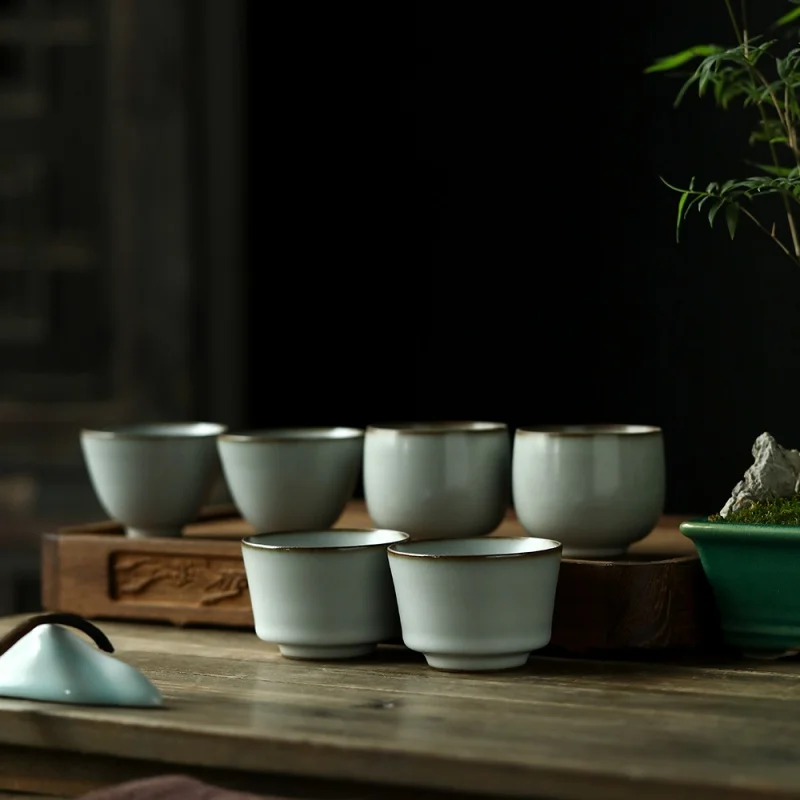 

★Jingdezhen Raw Ore Agate Glaze Handmade Ru Ware Tea Cup Gracked Glaze Supportable Cup Porcelain Kung Fu Tea Set Tea Cup