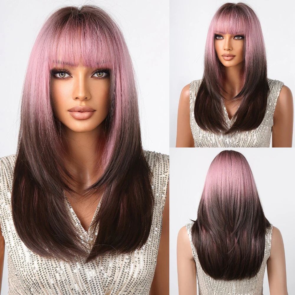 

Medium Straight Synthetic Wigs with Bang Ombre Pink Black Layered Cosplay Party Hair Wigs for Women Daily Natural Heat Resistant