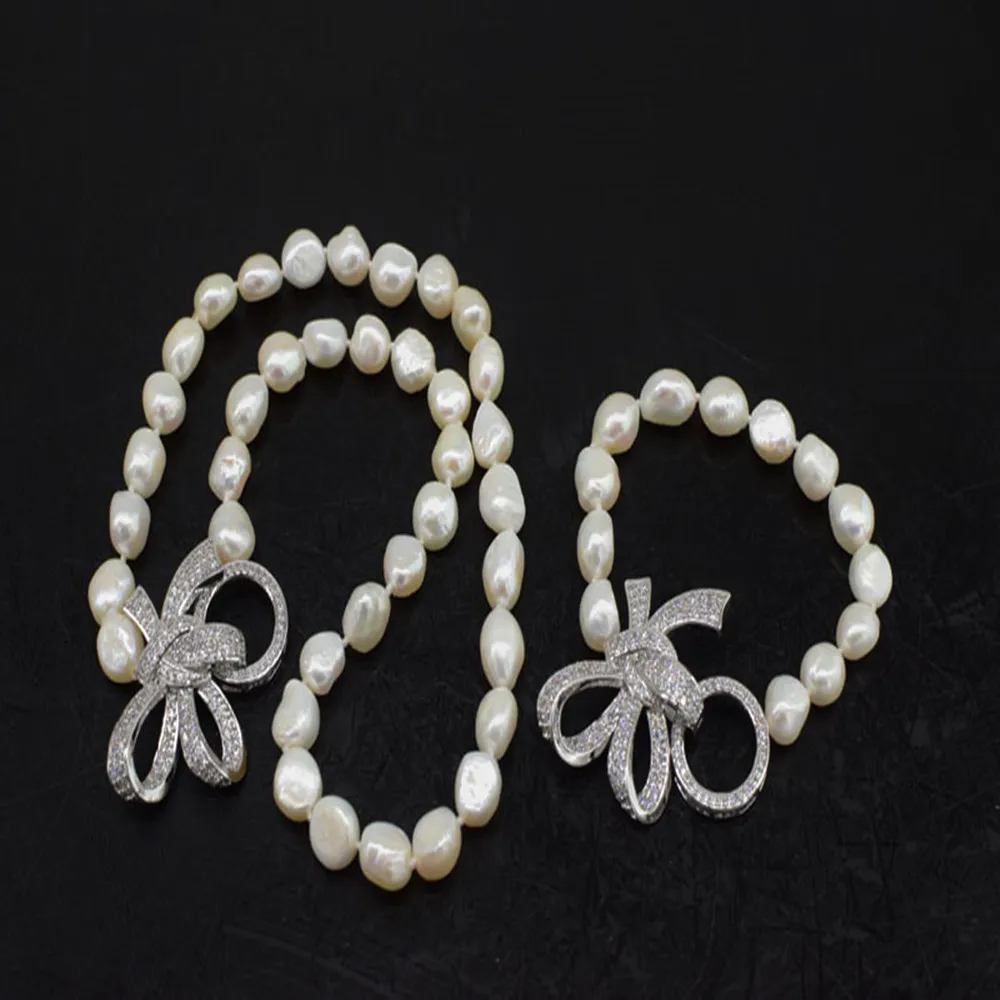

Hand knotted 11-12mm white freshwater baroque pearl necklace 45cm bracelet 20cm set micro inlaid zircon accessory