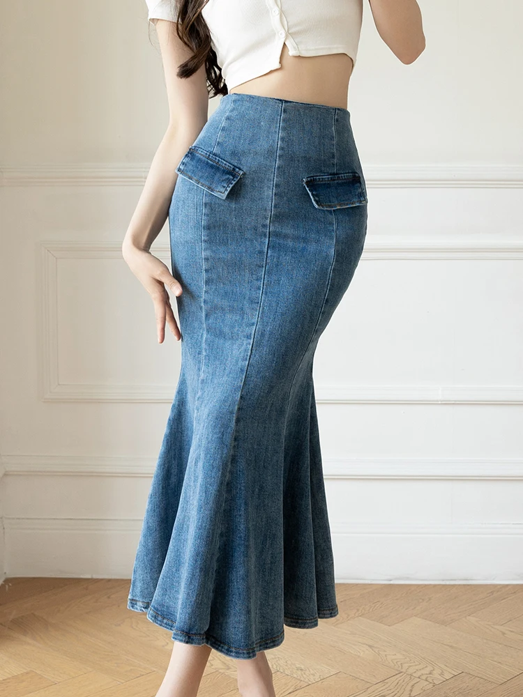 

Elegant Casual Denim Jean Skirt for Women's High Waist Bodycon Ruffles Fishtail Skirts Fashion Trumpet Midi Length Skirts Female