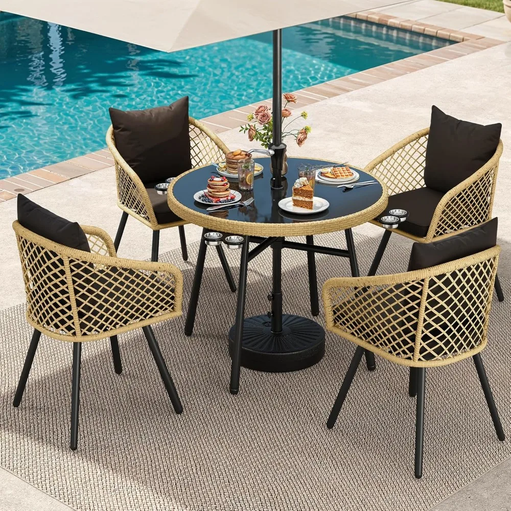 5-Piece Outdoor Dining Set with Umbralle Hole, Rattan Patio Dining Set for 4 with Cup Holders Soft Cushions and Glass Top Dinin 5-Piece Outdoor Dining Set with Umbralle Hole, Rattan Patio Dining Set for 4 with Cup Holders Soft Cushions and Glass Top Dinin