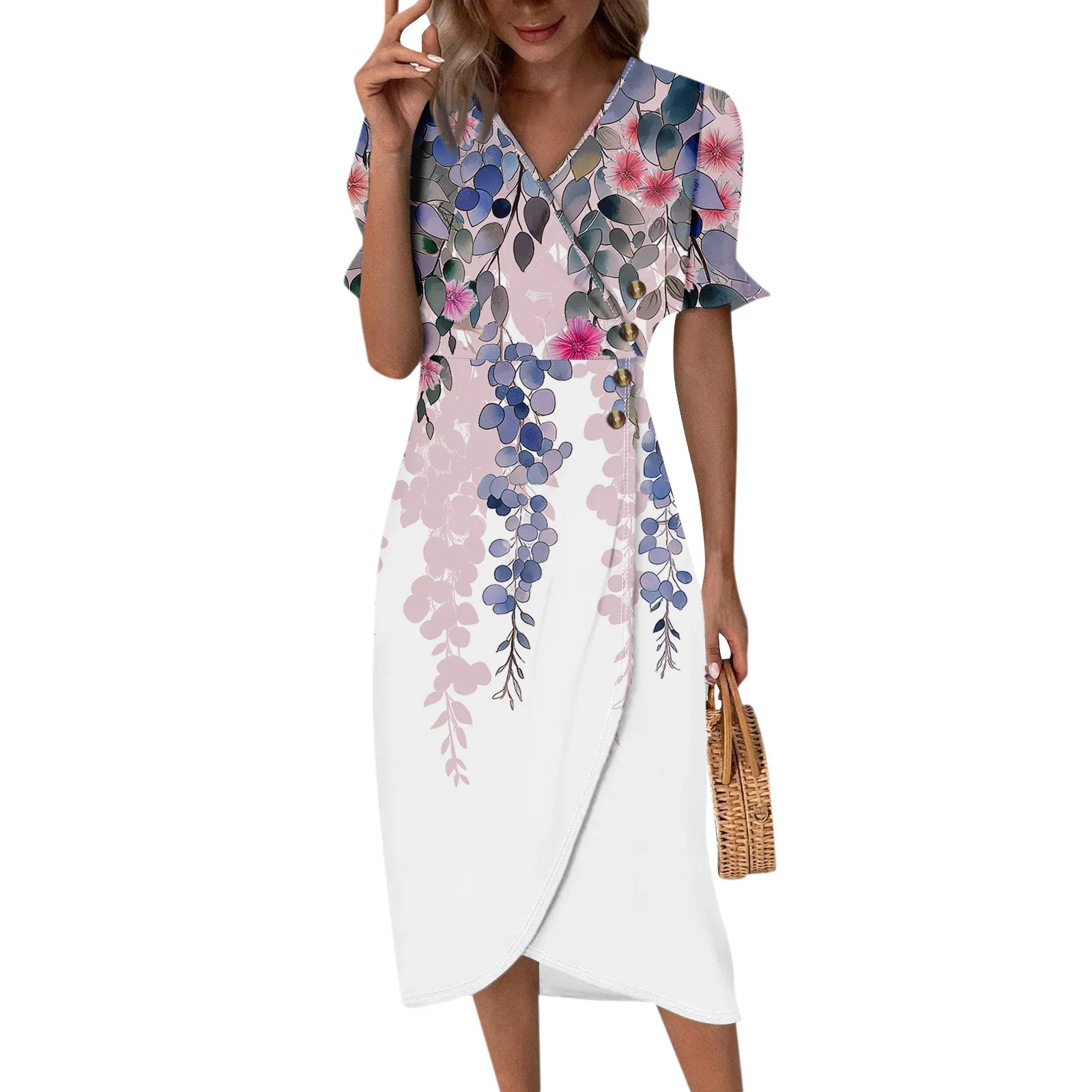 

Beach Dresses For Women Spring Summer Elegant Wrap V Neck Floral Boho Dress Flowy Ruched Hawaiian Maxi Dress ropa de mujer