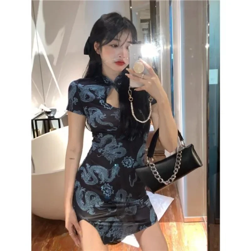 

2023 Summer Sexy Hollow Dragon Printed Slim Side Slit Mini Cheongsam Dress Women's Chinese Style Nightclub Costumes Vestidos