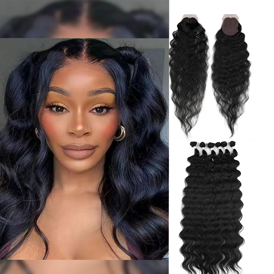 

7pcs/Pack 320g Hair Bundles With Closure Synthetic Hair Weft Body Wave Ombre Blonde 36 inches Hair Extensions Daily Party Use
