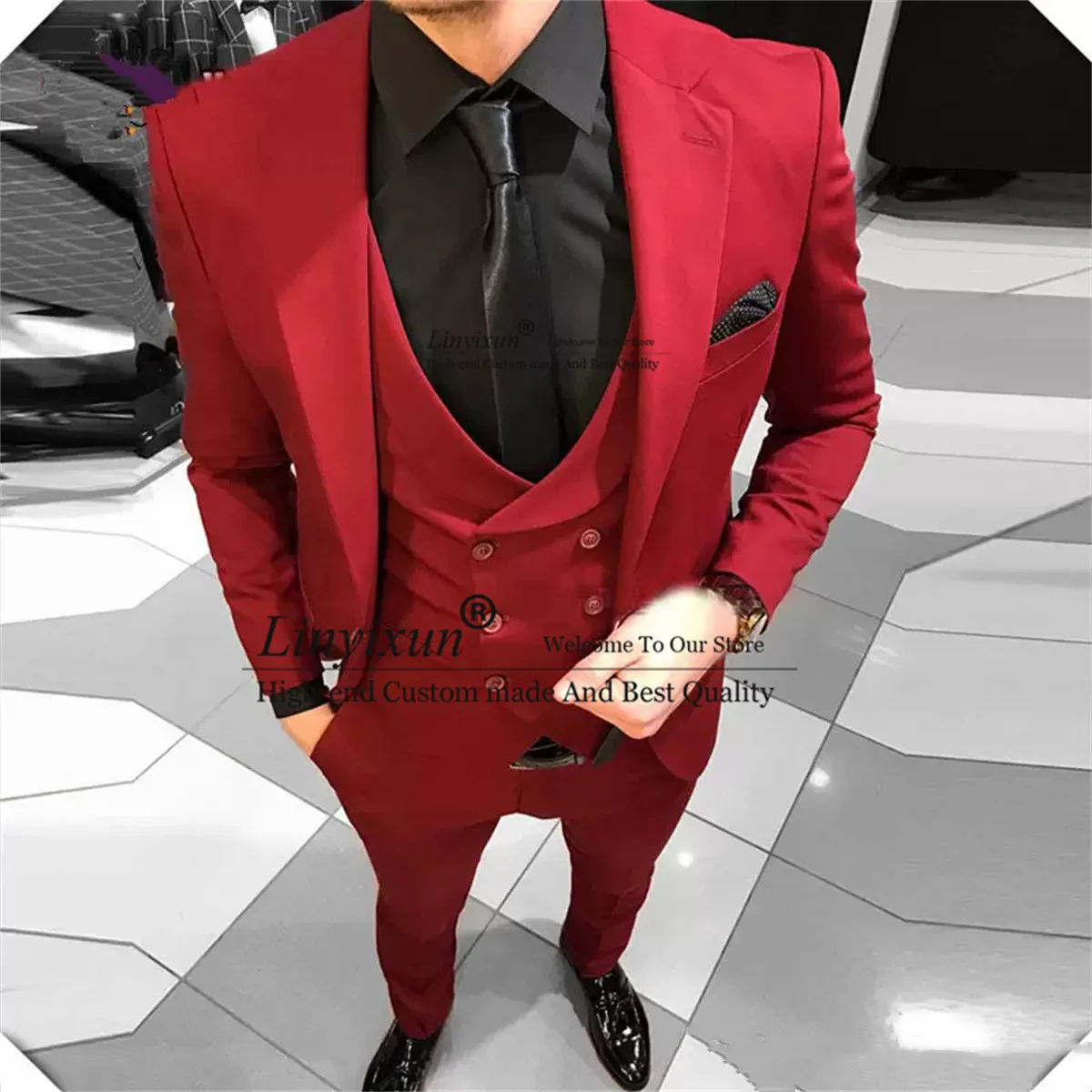 

Handsome Red Men Suits For Wedding Notch Lapel Groom Tuxedo 3 Pieces Jacket Vest Pants Sets Groomsmen Blazers Slim Costume Homme