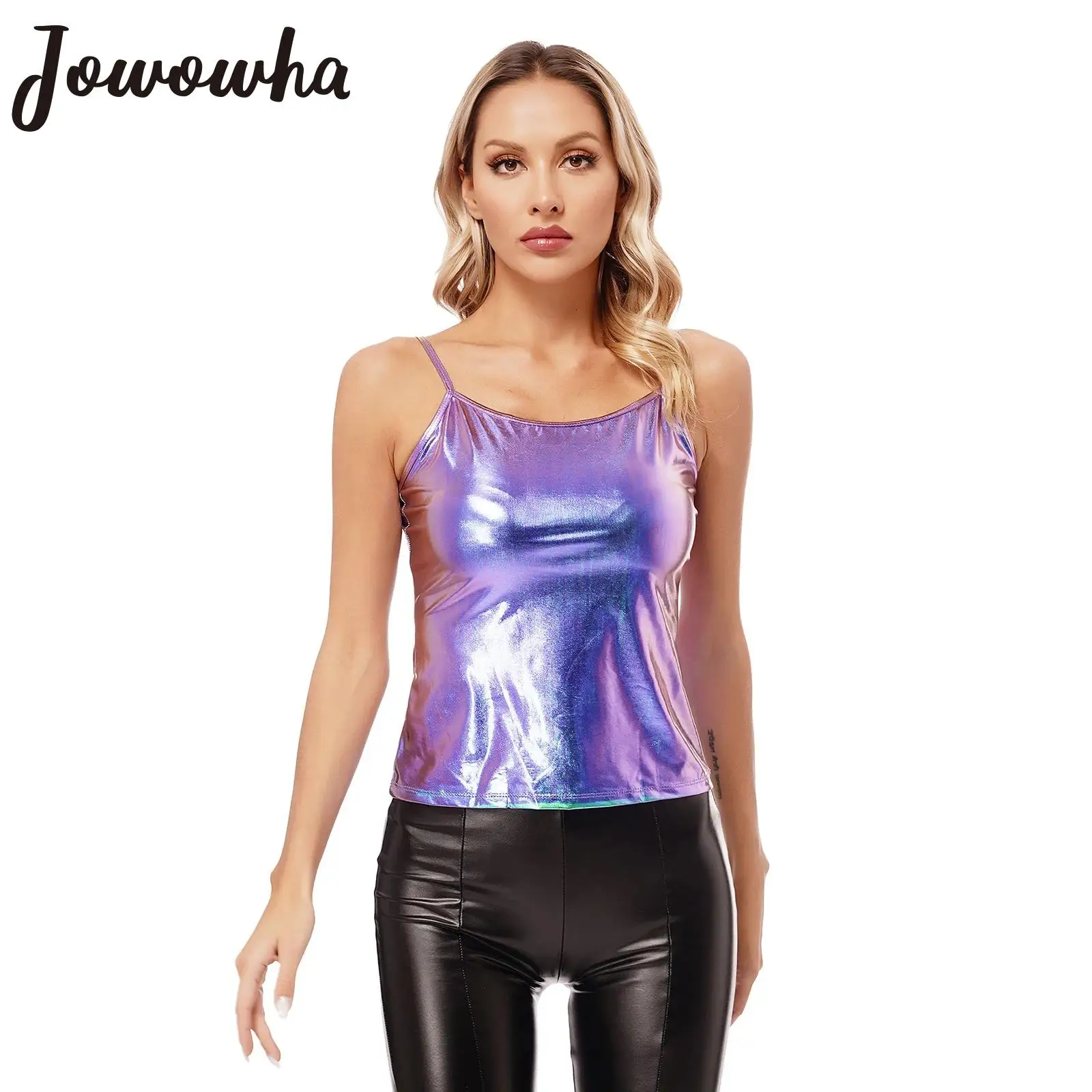 

Womens Shiny Metallic Camisole Tops Spaghetti Straps Dancing Tank Top Club Festivals Rave Party Stage Performance Dancewear