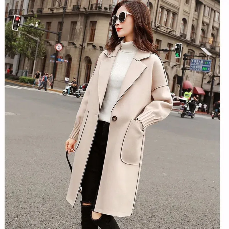 

Женская шерстяная куртка средней длины, повседневное пальто из смесовой шерсти с большими карманами, верхняя одежда в Корейском стиле, весна-осень 2024