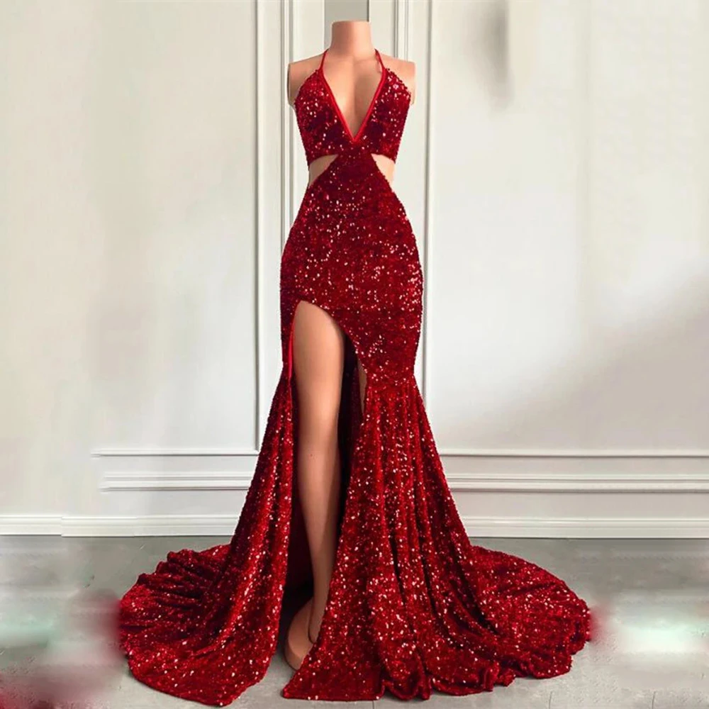 Mermaid Sequin Evening Dresses Women Wine Red Sexy V-Neck Sleeveless Side High Split Princess Prom Gowns Gala Celebrity Robe
Mermaid Sequin Evening Dresses Women Wine Red Sexy V-Neck Sleeveless Side High Split Princess Prom Gowns Gala Celebrity Robe