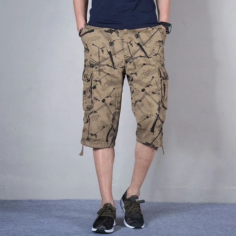 

Casual Cotton Long Length Cargo Shorts Men Summer Camouflage Cropped Trousers Multi-Pocket Hip Hop Breeches Military Army Shorts