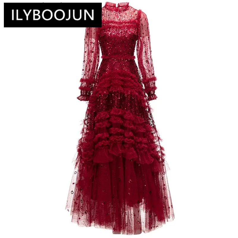 

ILYBOOJUN Fashion Designer Autumn Mesh Long Dress O-Neck Lantern Sleeve luxurious Sequins Embroidery Elegant Party Maxi Dresses