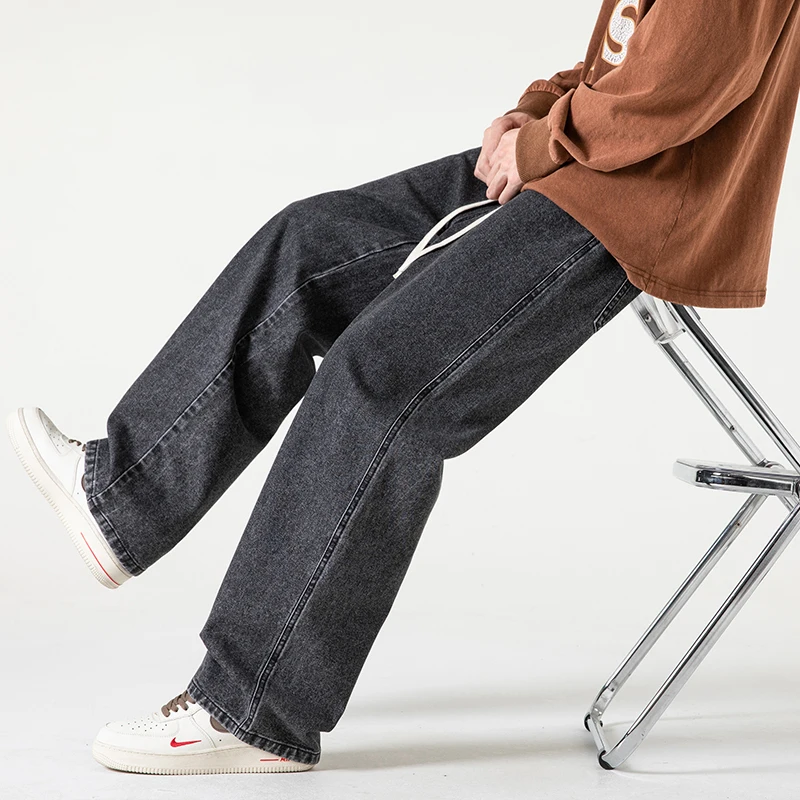 

Японские мужские джинсы с эластичным поясом, свободные непринужденные брюки, весна-осень, модные простые однотонные брюки для колледжа