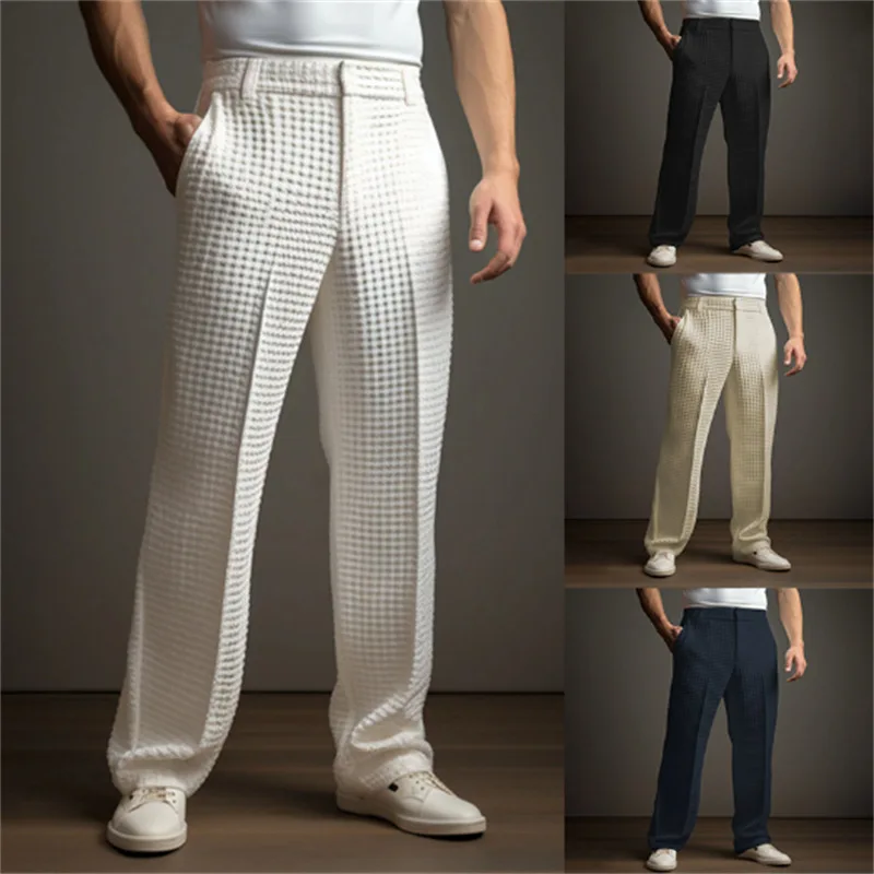 New 2026 Men's Elegant Waffle Suit Pants Solid Loose Straight Trousers Business Social Dress Pants Casual Vacation Pants for Men 15 Sdf775ffd4f5a45b3a2b8ce59a42525d2T